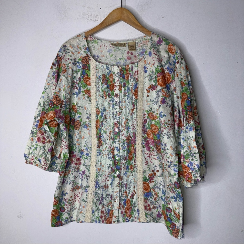 Art and Soul Button Down Peasant Floral Bohemian Pleated Lace‎ 3/4 Sleeve Top XL
